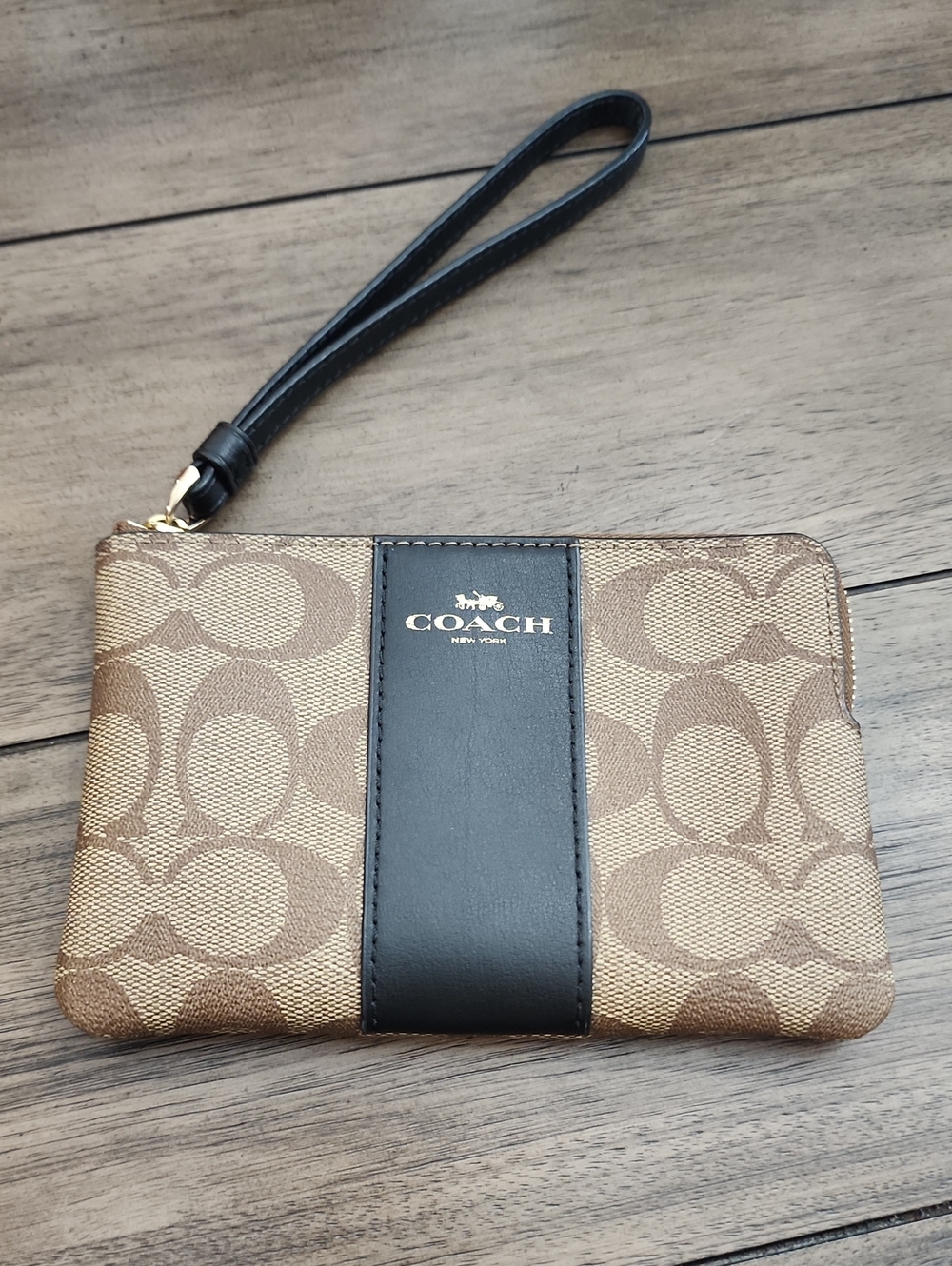 COACH Signature Canvas and Black Leather Wristlet - Brown/Black